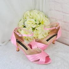 Load image into Gallery viewer, Pink Satin Bridal Set: Heels, Clutch, Fascinator - Handmade Wedding Guest Outfit