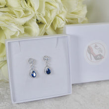 Load image into Gallery viewer, Sapphire Blue Cubic Zirconia Drop Earrings, 14K Silver Plated Bridal Jewelry (2.7cm)