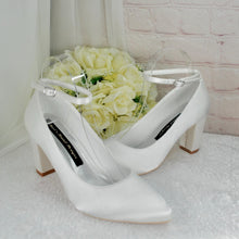 Load image into Gallery viewer, Bridal Block Heel Shoes – White Bridesmaid Shoes With Ankle Strap • Size UK9/US11