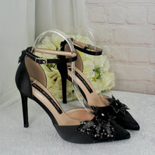 Load image into Gallery viewer, Black Satin Bridal Set: Embroidered Shoes, Clutch Bag, Sinamay Fascinator (UK3/US5.5)