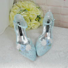 Load image into Gallery viewer, Embroidered Pastel Blue Bridal Shoes: 3D Flower Ankle Strap Heels UK5/US7.5