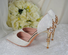 Load image into Gallery viewer, Ivory Shimmer Heels - Handmade Bridal Satin Shoes with Gold Detail & Cherry Blossom UK7/US9.5