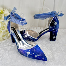 Load image into Gallery viewer, Blue Celestial Wedding Shoes – Galaxy Block Heels with Ankle Ribbons