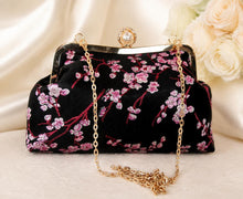 Load image into Gallery viewer, Black Cherry Blossom Floral Bridal Clutch: Embroidered Bag, Detachable Chain