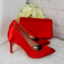 Load image into Gallery viewer, Red Satin Bridal Set: Handmade Heels, Clutch Bag & Fascinator