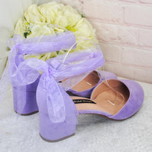 Load image into Gallery viewer, Lilac Purple Suede Bridal Sandals: Vegan Block Heel Wedding Shoes