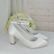 Load image into Gallery viewer, Bridal Block Heel Shoes – White Bridesmaid Shoes With Ankle Strap • Size UK9/US11