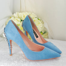 Load image into Gallery viewer, Blue Suede Heels: Silver Cherry Blossom Wedding Shoes - UK6/US8.5