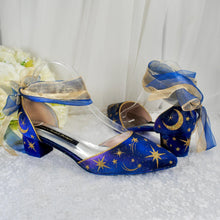 Load image into Gallery viewer, Blue Celestial Wedding Shoes – Galaxy Block Heels with Ankle Ribbons