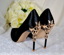 Load image into Gallery viewer, Black Satin Bridal Pumps – Gold Leaf Shoes UK4 / US6.5
