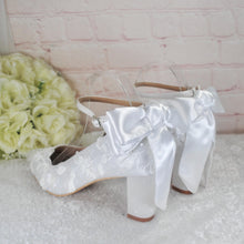 Load image into Gallery viewer, White Embroidered Block Heel Bridal Shoes: Floral Wedding Heels