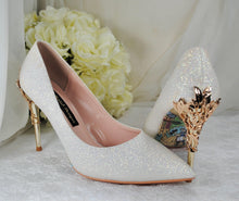 Load image into Gallery viewer, Ivory Wedding Shoes - Handmade Bridal Shoes with Filigree Vine Heels, 9cm Heel  (UK5/US7.5)