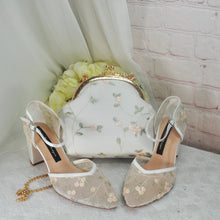 Load image into Gallery viewer, Bridal Block Heel Shoes – Floral Embroidered Ivory Wedding Heels, Comfortable Satin Sandals