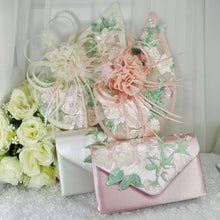 Load image into Gallery viewer, Ivory & Pink Fascinator Hat and Clutch Bag Set: Floral Embroidered Bridal Hatinator