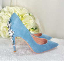 Load image into Gallery viewer, Blue Suede Heels: Silver Cherry Blossom Wedding Shoes - UK6/US8.5