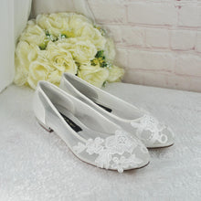 Load image into Gallery viewer, Ivory Satin Bridal Sandals - Flat Wedding Shoes With Floral Embroidery & Lace • UK4/US6.5