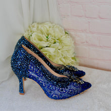 Load image into Gallery viewer, Navy Blue Satin Heels – Pointed Toe Stilettos with Lace and Crystal Embellishments UK4 / US6.5