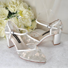 Load image into Gallery viewer, Bridal Block Heel Shoes – Floral Embroidered Ivory Wedding Heels, Comfortable Satin Sandals