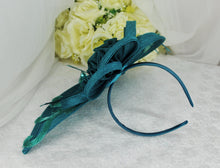 Load image into Gallery viewer, Teal Satin Bridal Set: Handmade Clutch, Fascinator, and Stiletto Shoes