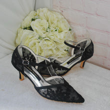 Load image into Gallery viewer, Black Embroidered Lace Kitten Heel Bridal Shoes • UK4 / US6.5