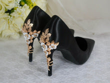Load image into Gallery viewer, Black Satin Heels: Gold Floral Cherry Blossom Bridal Shoe, Wedding Shoe High Heel
