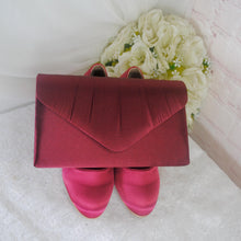 Load image into Gallery viewer, Burgundy Red Satin Block Heels and Clutch Bag Set: Handmade Bridal Shoes