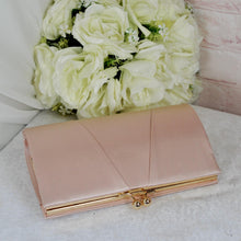 Load image into Gallery viewer, Nude Satin Bridal Set – Block Heel Shoes, Satin Clutch Bag & Sinamay Fascinator • UK4/US6.5