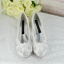 Load image into Gallery viewer, Ivory Satin Bridal Sandals - Flat Wedding Shoes With Floral Embroidery & Lace • UK4/US6.5