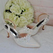Load image into Gallery viewer, Ivory Shimmer Slingback Heels; 3D Floral Toe Details, Handmade Bridal Shoes, Wedding Heel Size UK5/US7.5