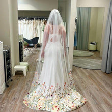 Load image into Gallery viewer, White Embroidered Floral Wedding Veil: 250cm Chapel Length, with Silver Comb