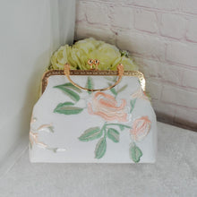 Load image into Gallery viewer, Vintage Style Wild Rose Embroidered Handbag Floral Embroidery Gold Trim Clasp Bag Purse Clutch Stunning UK Handmade Accessory Wedding Bride