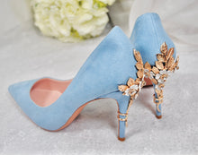 Load image into Gallery viewer, Blue Suede Wedding Heels: Cherry Blossom Embellished Bridal Shoes - UK3/US5.5