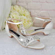 Load image into Gallery viewer, Ivory Satin Wedding Sandals: Low Block Heel Bridal Shoes with Ankle Strap • UK6/US8.5