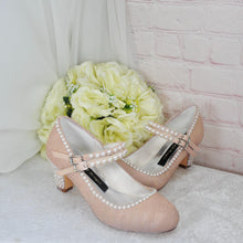 Load image into Gallery viewer, Champagne Bridal Shoes - Vintage Mary Janes with Lace Pearl Heels & 8cm Block Heel - UK3 / US5.5