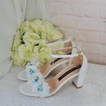 Load image into Gallery viewer, Block Heel Bridal White Sandals with Something Blue Floral Rose Details • UK5/US7.5