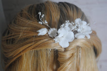 Load image into Gallery viewer, Handmade Gold or Silver Ceramic Flower Hair Pins with Pearls (Set of 3)