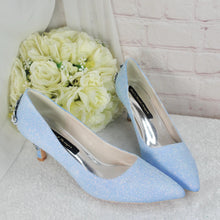 Load image into Gallery viewer, Blue Glitter Kitten Heel Bridal Shoes: Silver Cherry Blossom Wedding Heels (UK8/US10.5)