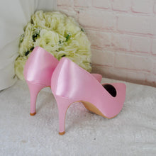 Load image into Gallery viewer, Pink Satin Bridal Set: Heels, Clutch, Fascinator - Handmade Wedding Guest Outfit
