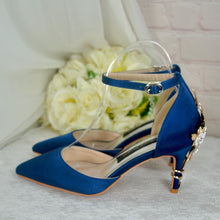 Load image into Gallery viewer, Handmade Navy Satin Bridal Shoes: Cherry Blossom Heel (UK6/US8.5)