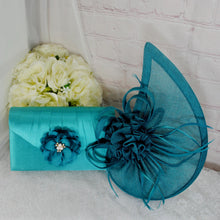 Load image into Gallery viewer, Teal Satin Bridal Set: Handmade Clutch, Fascinator Hat & Heels