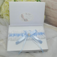 Load image into Gallery viewer, Blue Garter Something Blue Garter French Blue Wedding Custom Wedding Garters Personalise Wedding Garter Gift for Bride Bridal Shower Hen Do