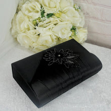 Load image into Gallery viewer, Black Satin Bridal Set: Embroidered Shoes, Clutch Bag, Sinamay Fascinator (UK3/US5.5)