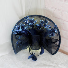 Load image into Gallery viewer, Navy Blue Satin Bridal Set: Floral Heels, Clutch Bag & Fascinator