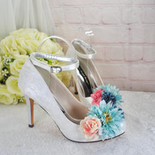 Load image into Gallery viewer, Bridal Lace Heels – White Lace Bridal Shoes with Pearl Strap & Floral Details • UK5/US7.5