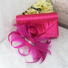 Load image into Gallery viewer, Handmade Fuchsia Pink Satin Bridal Set: Heels, Clutch & Fascinator