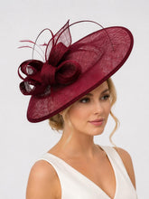 Load image into Gallery viewer, Handmade Burgundy Large Fascinator - Navy, Pink, Orange, Green Sinamay Hat