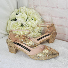 Load image into Gallery viewer, Champagne Gold Glitter Bridal Shoes: Celestial Star & Moon Block Heel Wedding Heels