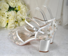 Load image into Gallery viewer, Bridal Block Heel Shoes – Floral Embroidered Ivory Wedding Heels, Comfortable Satin Sandals