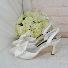 Load image into Gallery viewer, Chic Clastic Bridal Slingback Shoes, Satin Bridal Heels with Bow Detail Size UK4/US6.5