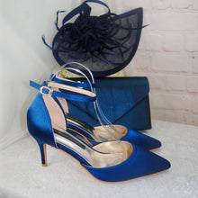 Load image into Gallery viewer, Handmade Navy Blue Satin Bridal Set: Heels, Clutch & Fascinator